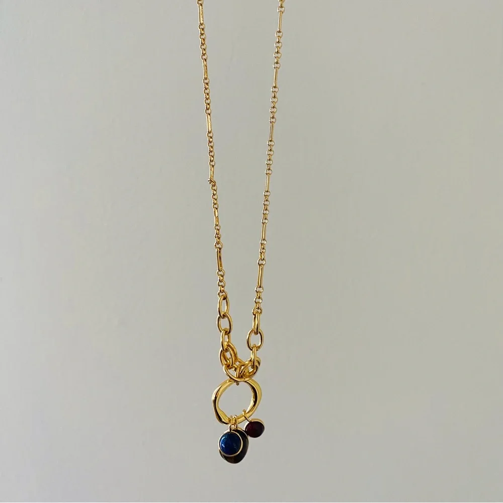 $88 NWT Madewell Semiprecious Tiger's Eye Lapis Stone Gold Chain Charm Necklace - Picture 5 of 12